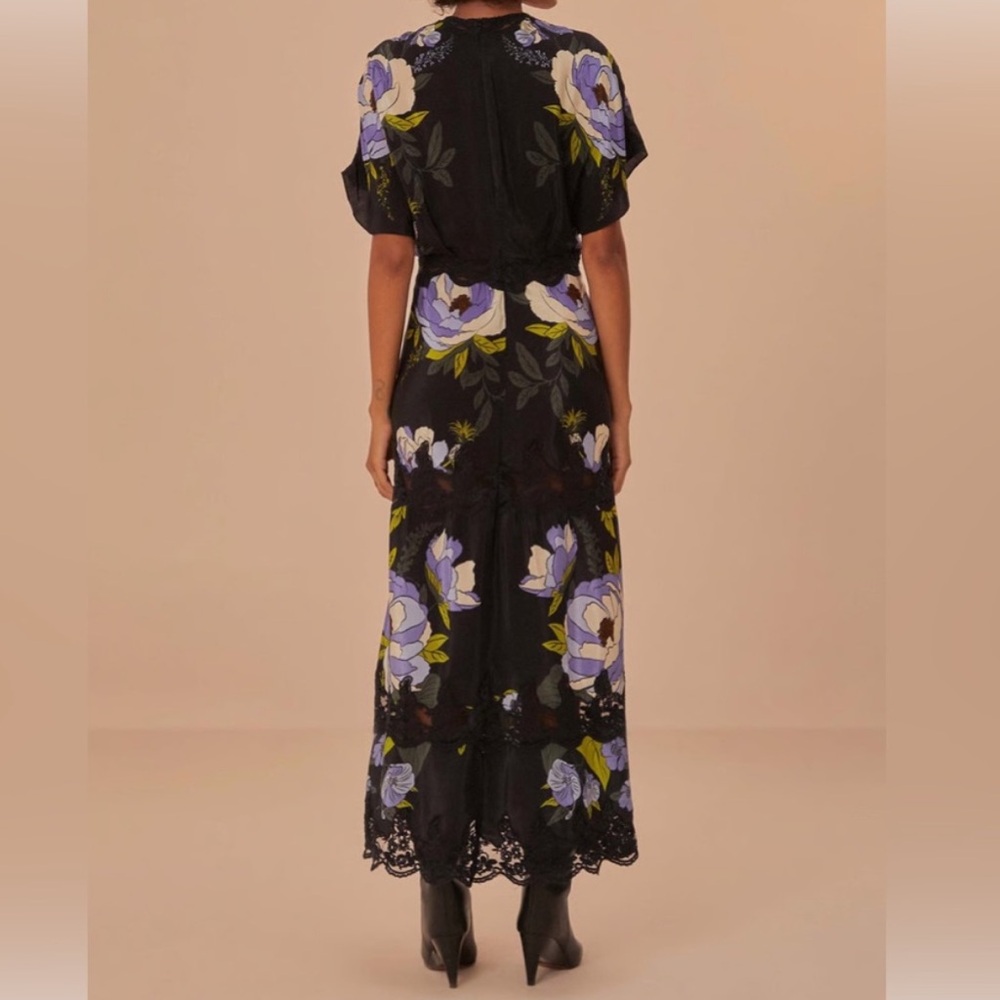 Farm rio Black Floral Lace-Trim Sheer Maxi Dress with Purple Blooms - Picture 4 of 4